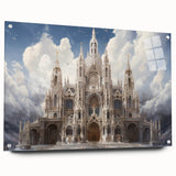 Acrylic print of a large abstract depiction of a cathedral in cool blue and gray tones.