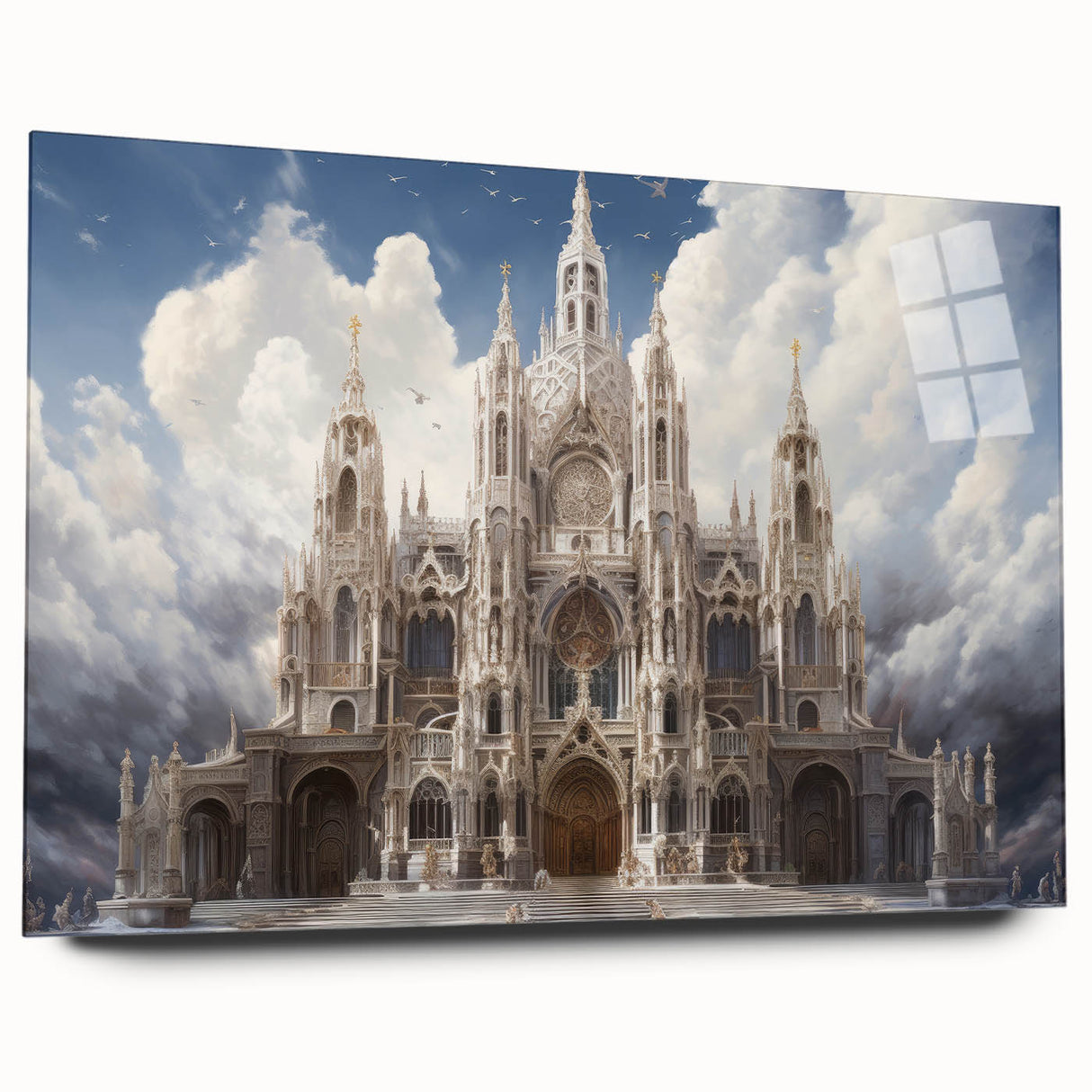 Large abstract wall art of a cathedral design in muted gray and blue tones on acrylic glass.