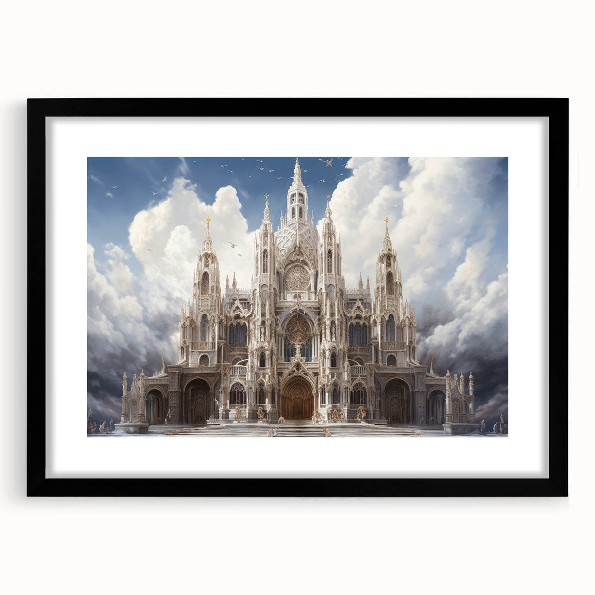 Extra large abstract art print of a colorful, textured cathedral design on a black framed canvas.