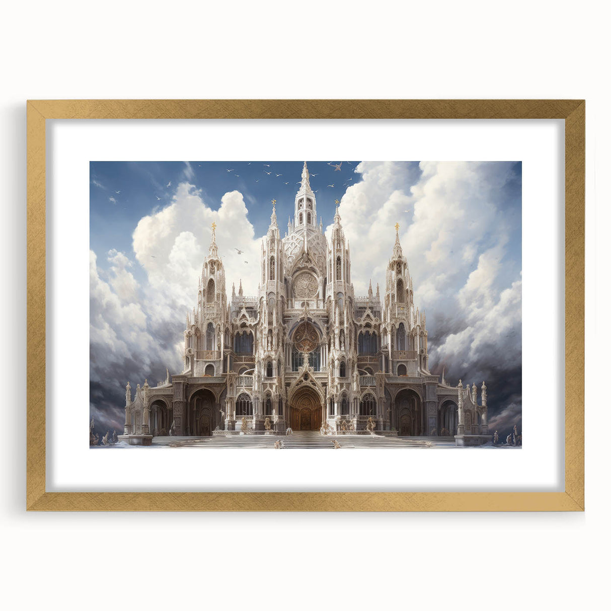 Textured abstract art print depicting a cathedral, in gold tones on a framed canvas, suitable for bedroom art.
