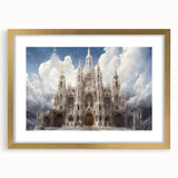 Textured abstract art print depicting a cathedral, in gold tones on a framed canvas, suitable for bedroom art.