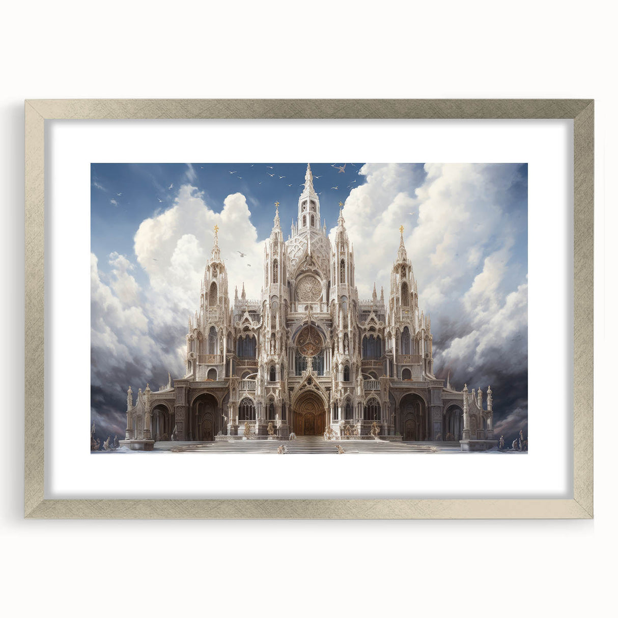 Abstract art print of a cathedral in muted gray tones on a silver-framed canvas, suitable for dining room or bedroom decor.