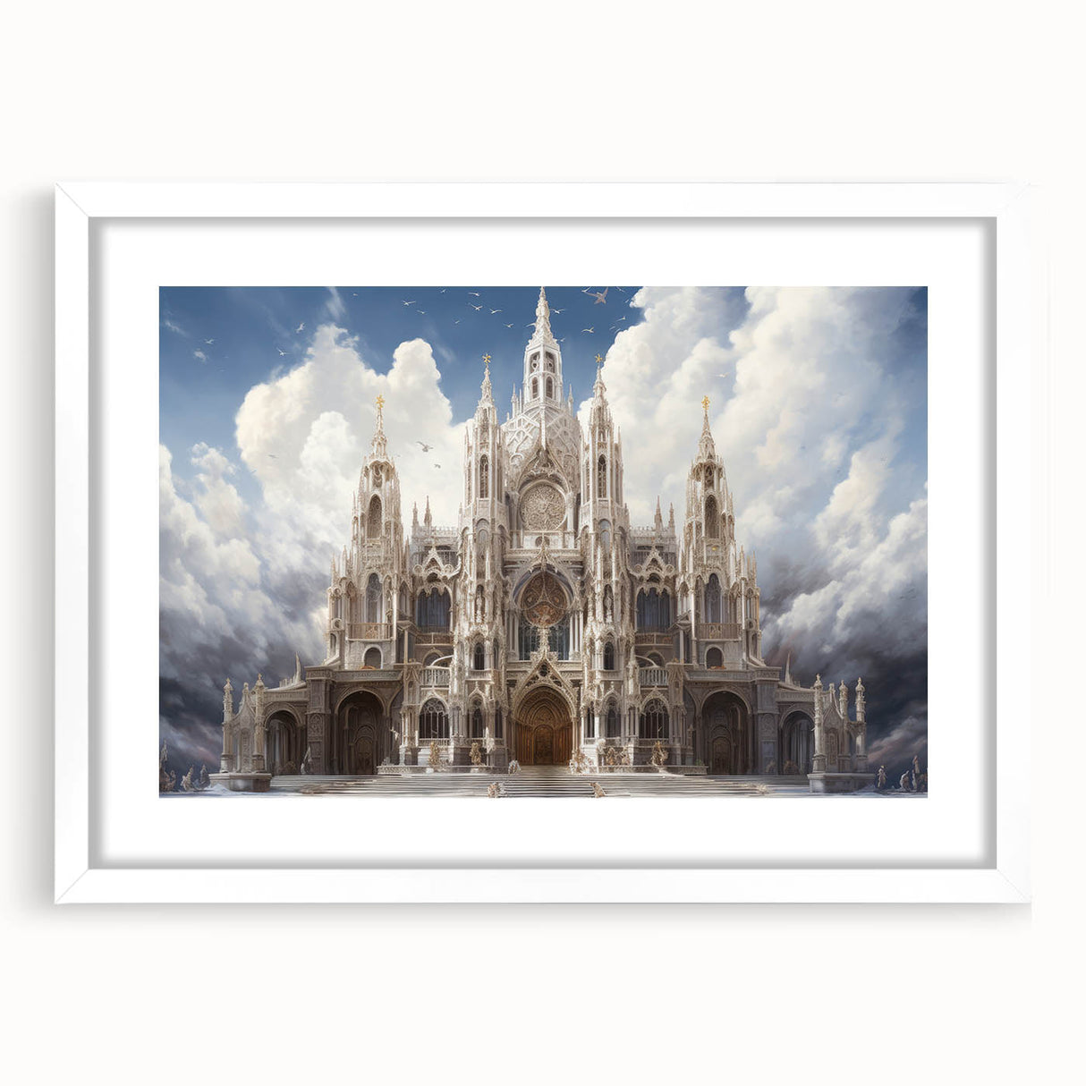 Extra large abstract art print of a cathedral, featuring textured white and gray tones on a framed canvas.