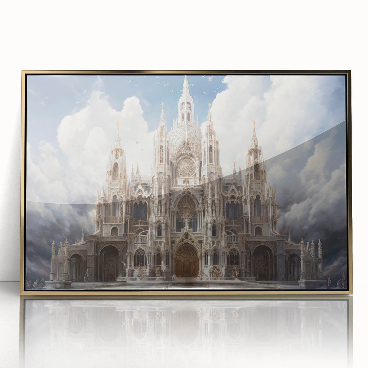 Mid-century modernist cathedral design in gold and white tones on a framed acrylic, ideal for nursery wall art.