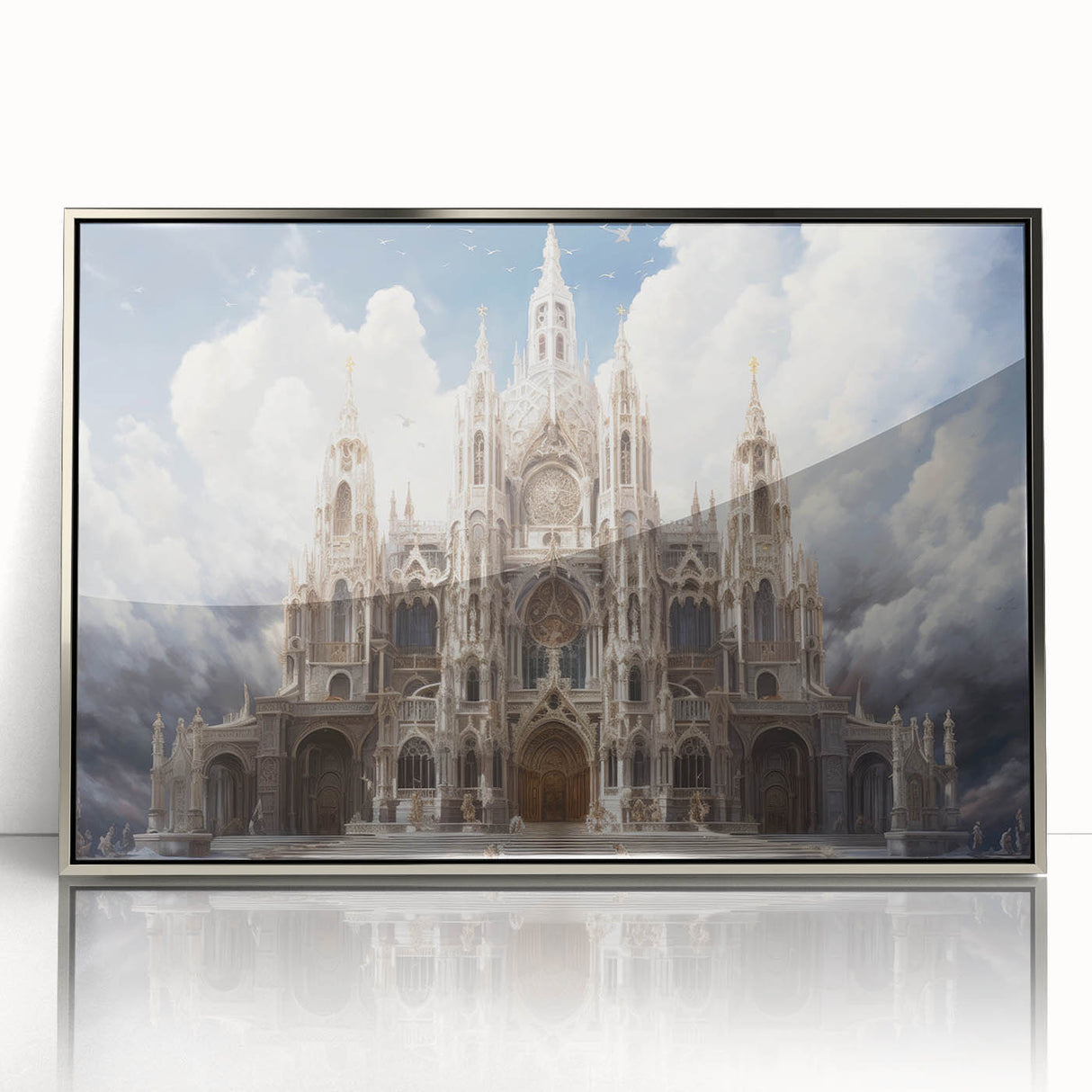 Art deco poster of a cathedral in muted silver and gray tones on a framed acrylic, ideal for modern bedroom ambiance.