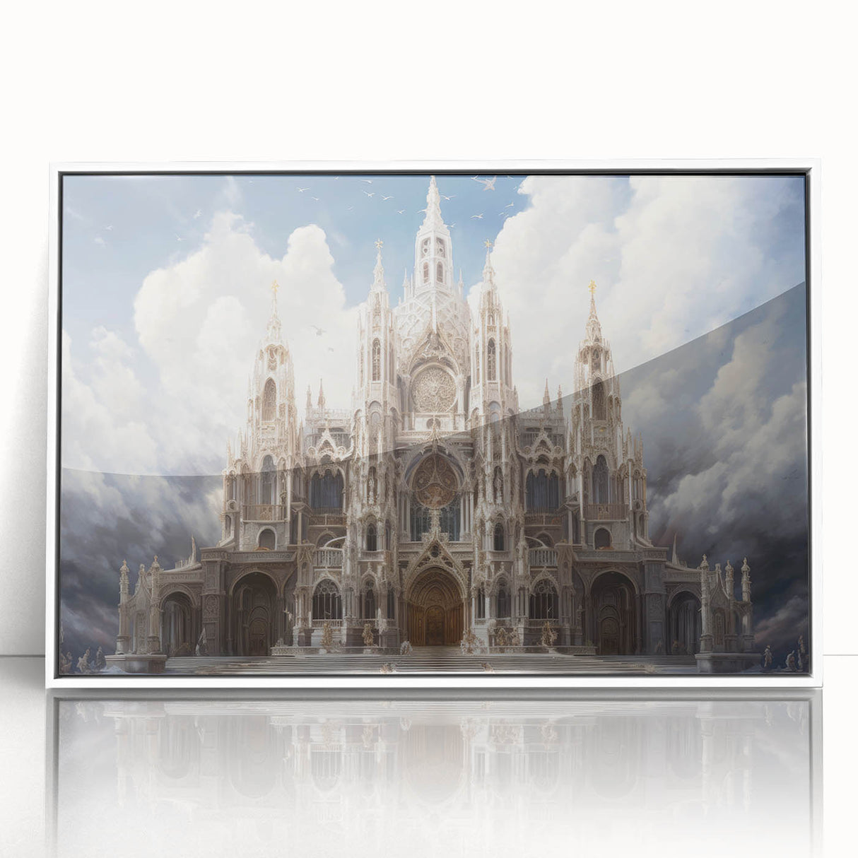 Mid-century modernist cathedral design in muted colors on a large framed acrylic print, suited for modern art wall decor.