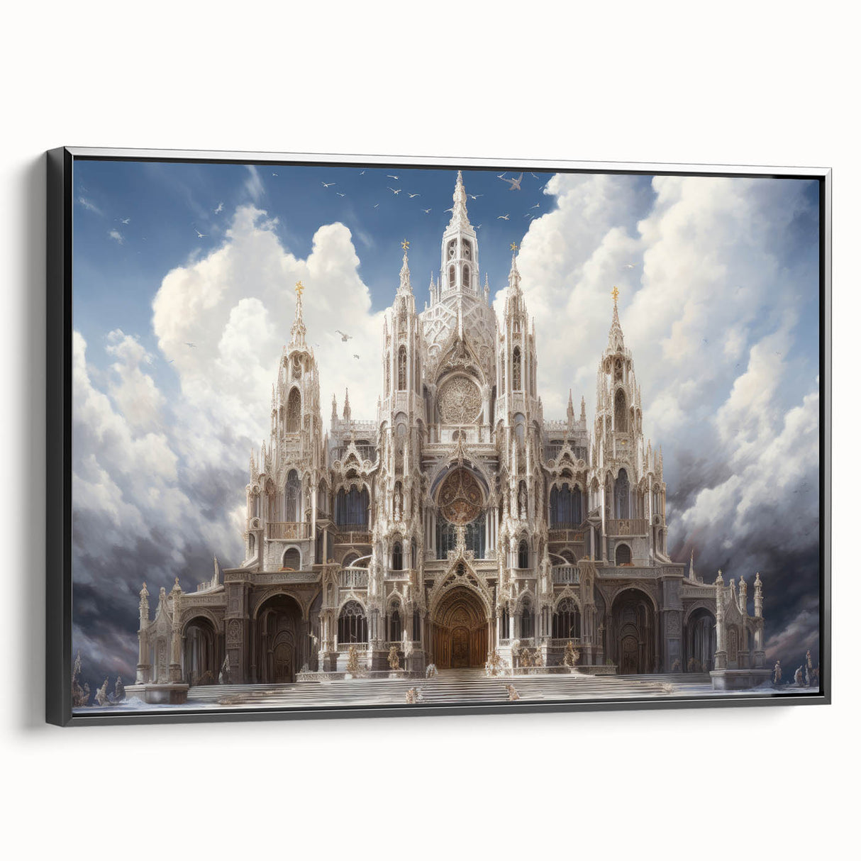 Framed canvas of a black and white vintage poster featuring a cathedral landscape, ideal for bedroom wall decor.