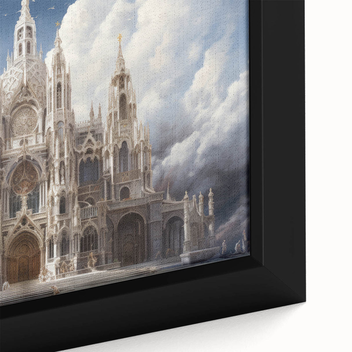Extra large black wall art featuring a textured, colorful cathedral design on a framed canvas.