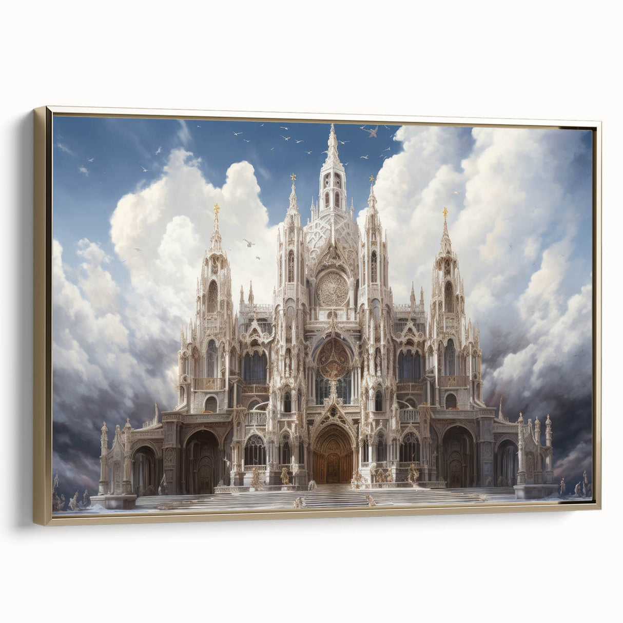 Landscape art painting of a cathedral, vintage poster style on framed canvas, featuring black and colorful art tones.