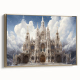 Landscape art painting of a cathedral, vintage poster style on framed canvas, featuring black and colorful art tones.