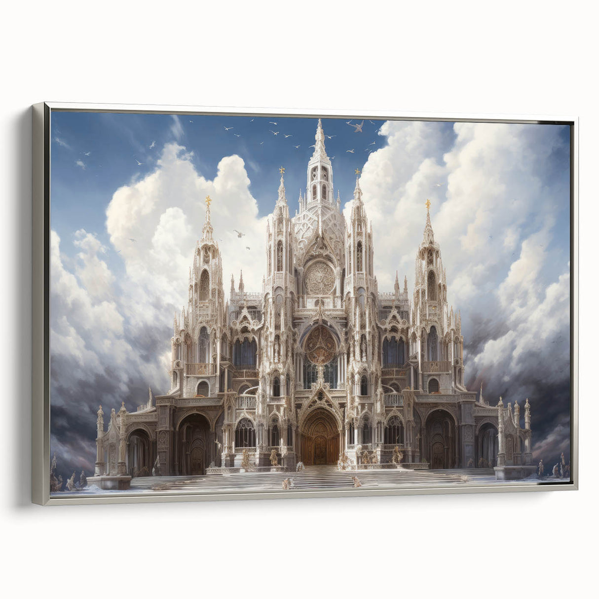 Vintage poster art of a cathedral, in colorful art palette, framed in silver, ideal for living room decor.