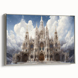 Vintage poster art of a cathedral, in colorful art palette, framed in silver, ideal for living room decor.