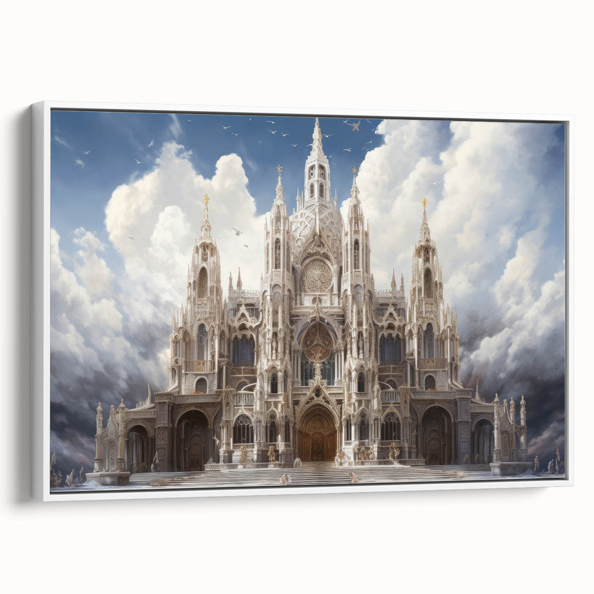 Framed canvas featuring a vintage poster of a black and white cathedral landscape, ideal for bedroom wall decor.
