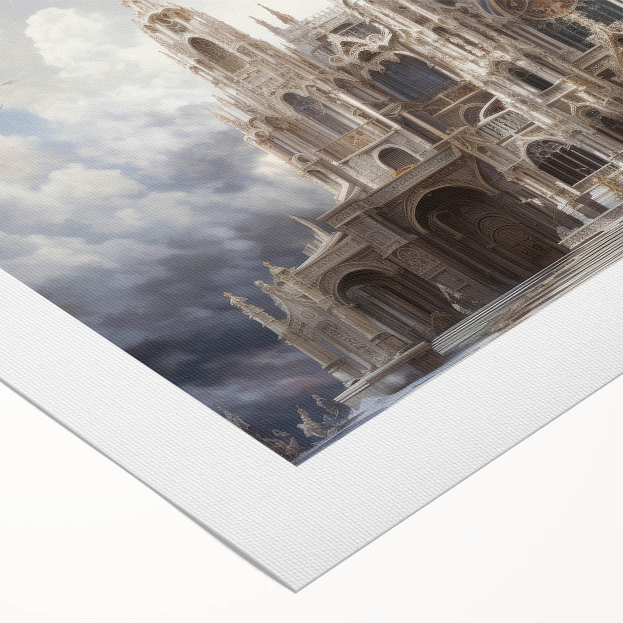 Art deco poster of a cathedral, in muted gold and blue tones on rolled canvas, suitable for dining room wall art.