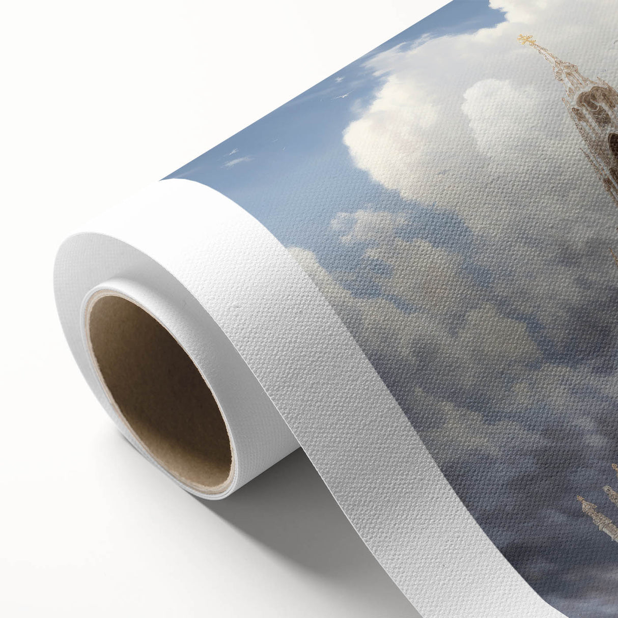 Art Deco poster of a cathedral on rolled canvas in muted gray tones, ideal for nursery wall art or dining room decor.