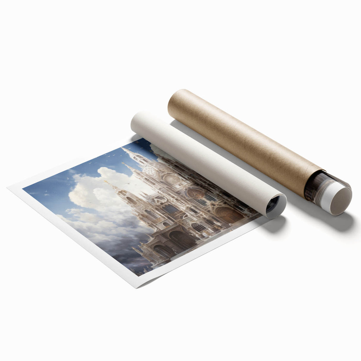 Extra large rolled print of a cathedral with intricate floral designs in muted tones, suitable for classy bathroom wall art.