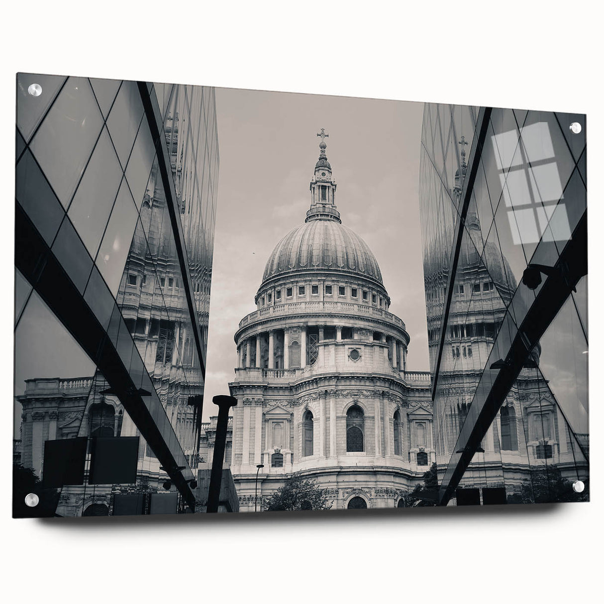 Acrylic print of a large abstract cathedral design in muted earth tones, ideal for dining room or bedroom wall art.