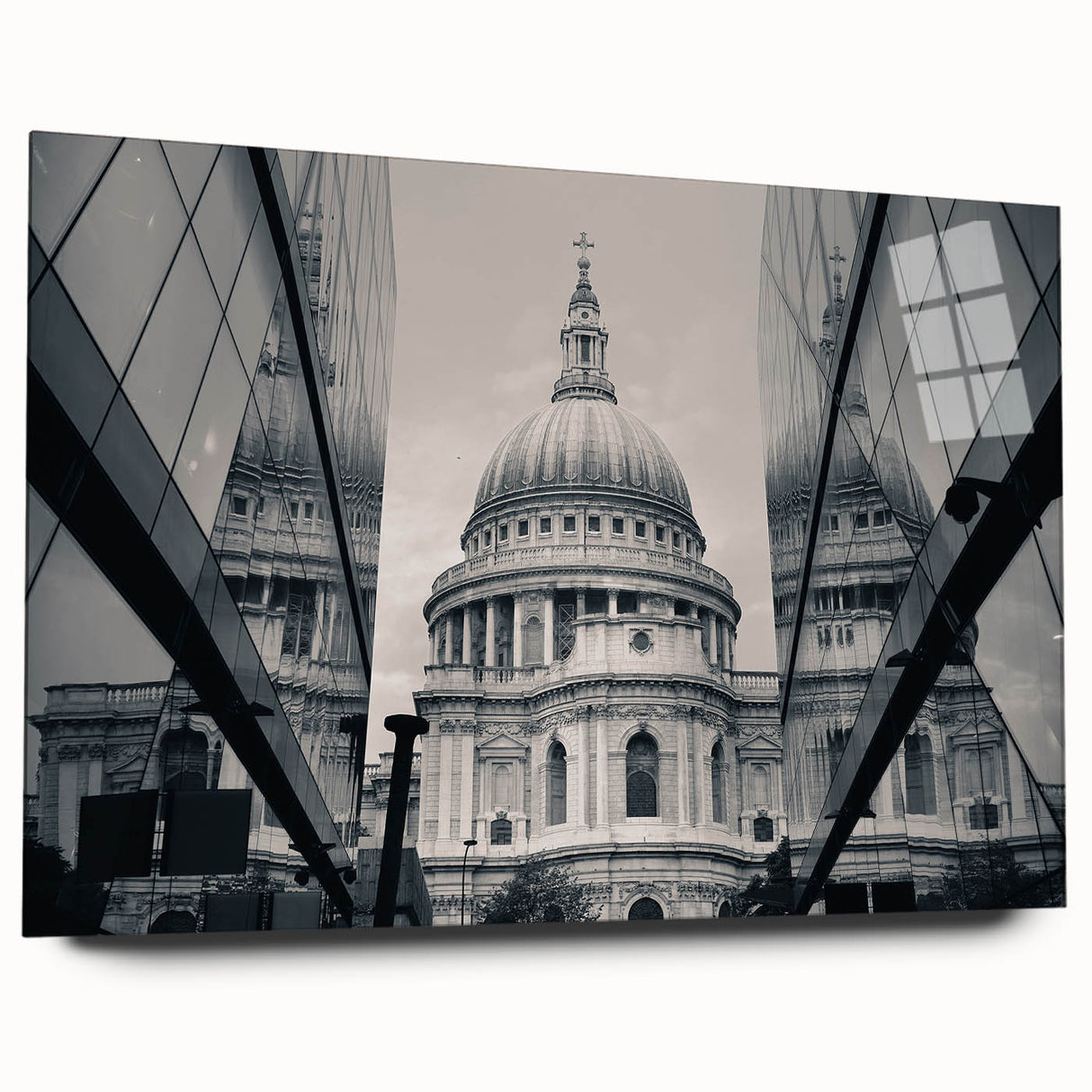 Large abstract wall art of a cathedral, in muted gray and blue tones on acrylic glass.
