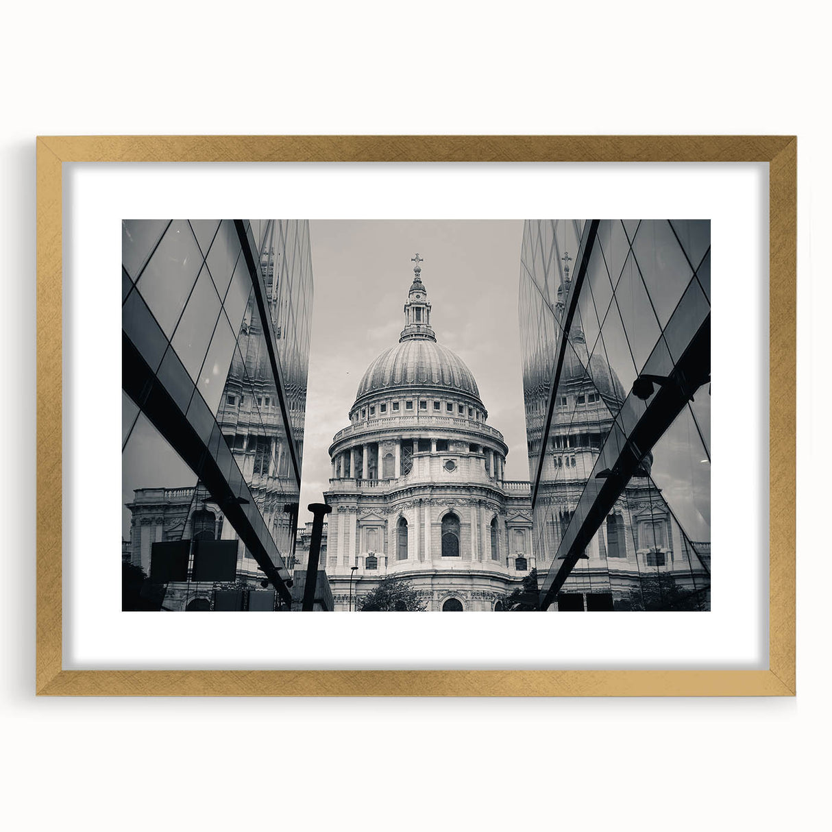 Textured abstract art print depicting a cathedral, in muted gold and gray tones, framed with a mat.