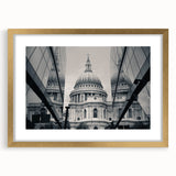 Textured abstract art print depicting a cathedral, in muted gold and gray tones, framed with a mat.