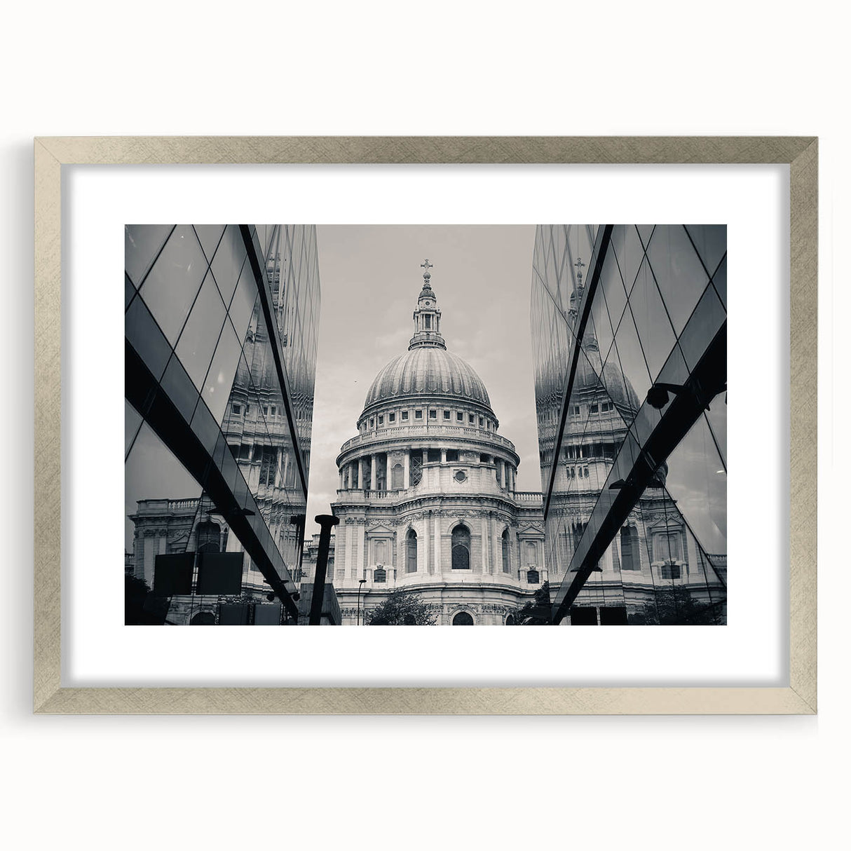 Abstract art print of a cathedral design in muted gray and blue tones, framed with a silver mat.