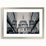 Abstract art print of a cathedral design in muted gray and blue tones, framed with a silver mat.