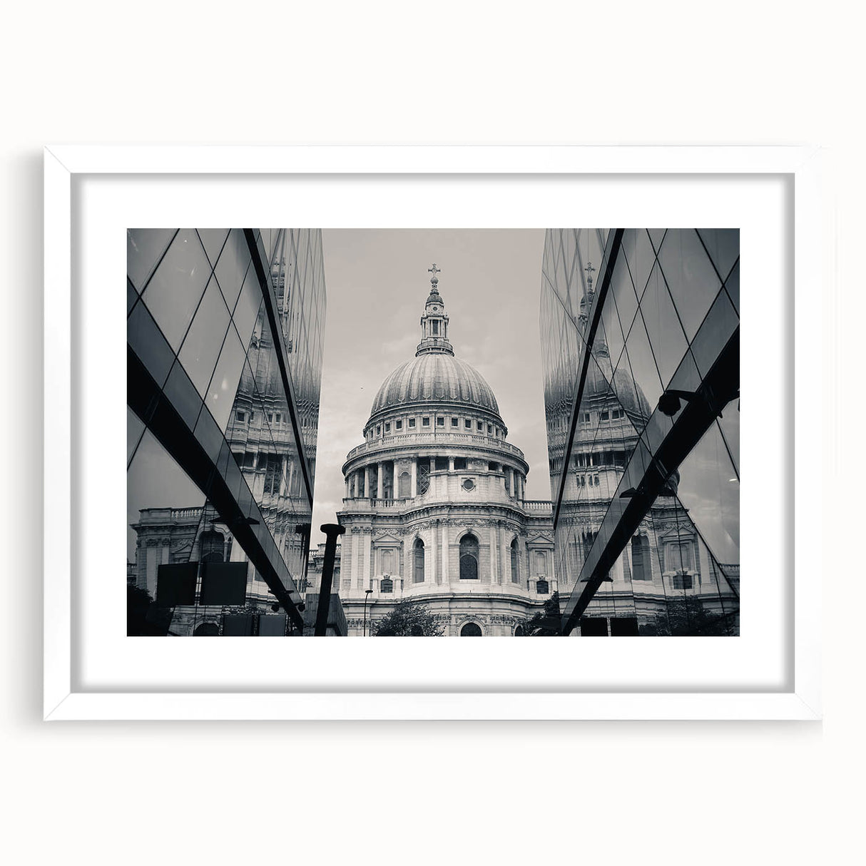 Abstract art print of a cathedral, in muted gray and white tones on a large framed canvas, ideal for living room decor.