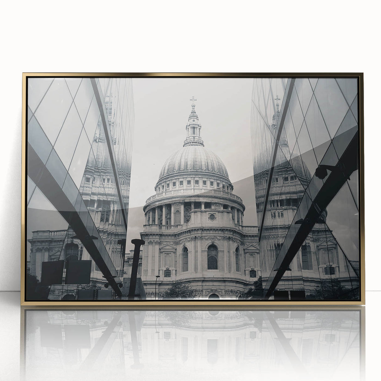 Mid-century modernist art depicting a cathedral in acrylic, with gold tones, ideal for nursery wall art.