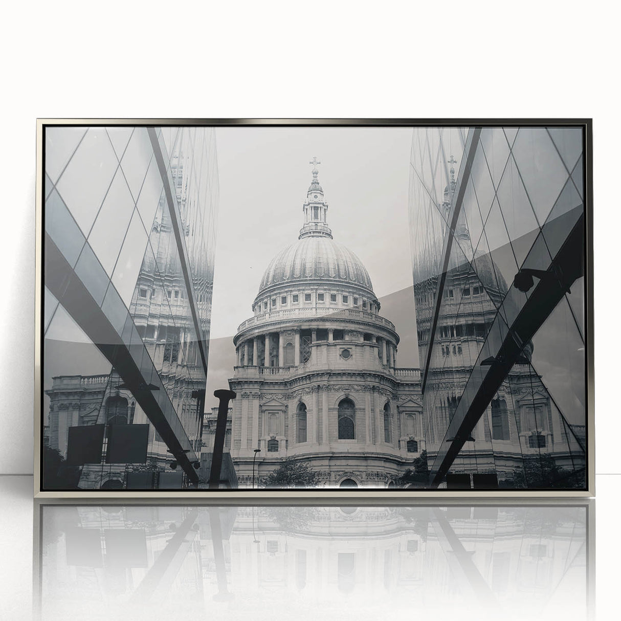 Art Deco poster of a cathedral, in muted silver tones on framed acrylic, suitable for modern nursery decor.