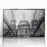 Art Deco poster of a cathedral, in muted silver tones on framed acrylic, suitable for modern nursery decor.