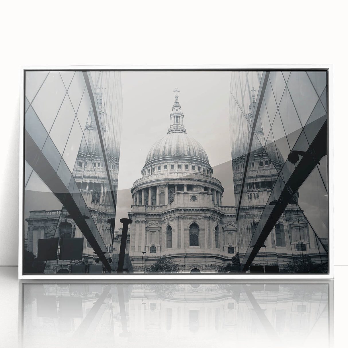 Mid-century modernist cathedral design in muted gray tones on a large acrylic print, ideal for nursery wall art.