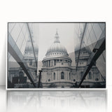 Mid-century modernist cathedral design in muted gray tones on a large acrylic print, ideal for nursery wall art.