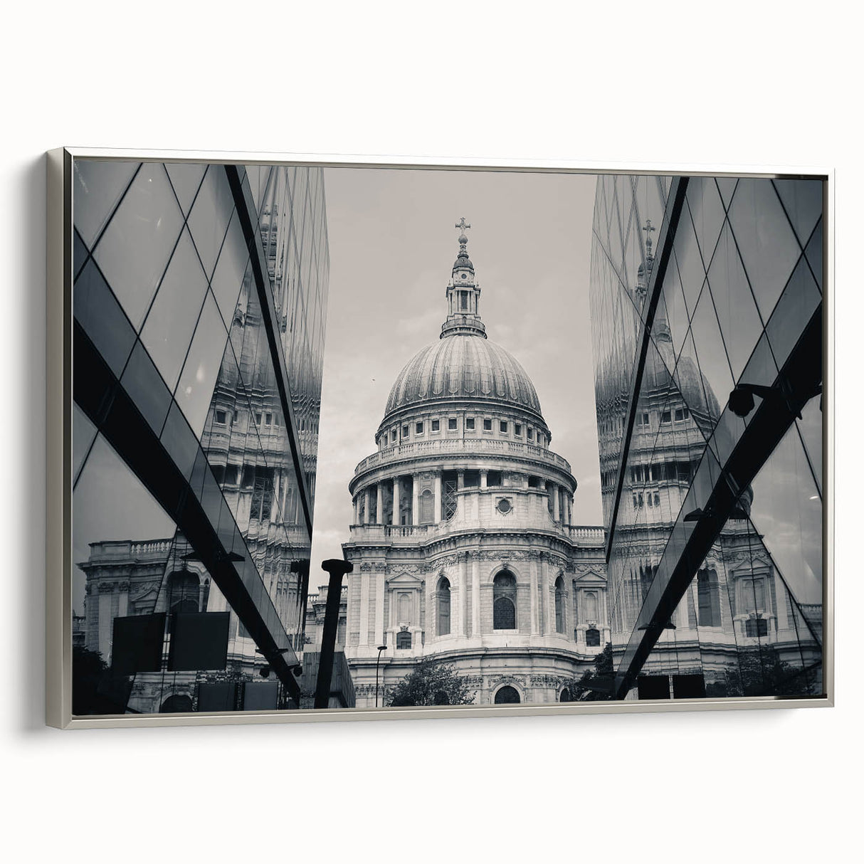 Vintage poster art of a cathedral in colorful hues on a black background, framed canvas, suitable for living room decor.