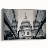 Vintage poster art of a cathedral in colorful hues on a black background, framed canvas, suitable for living room decor.
