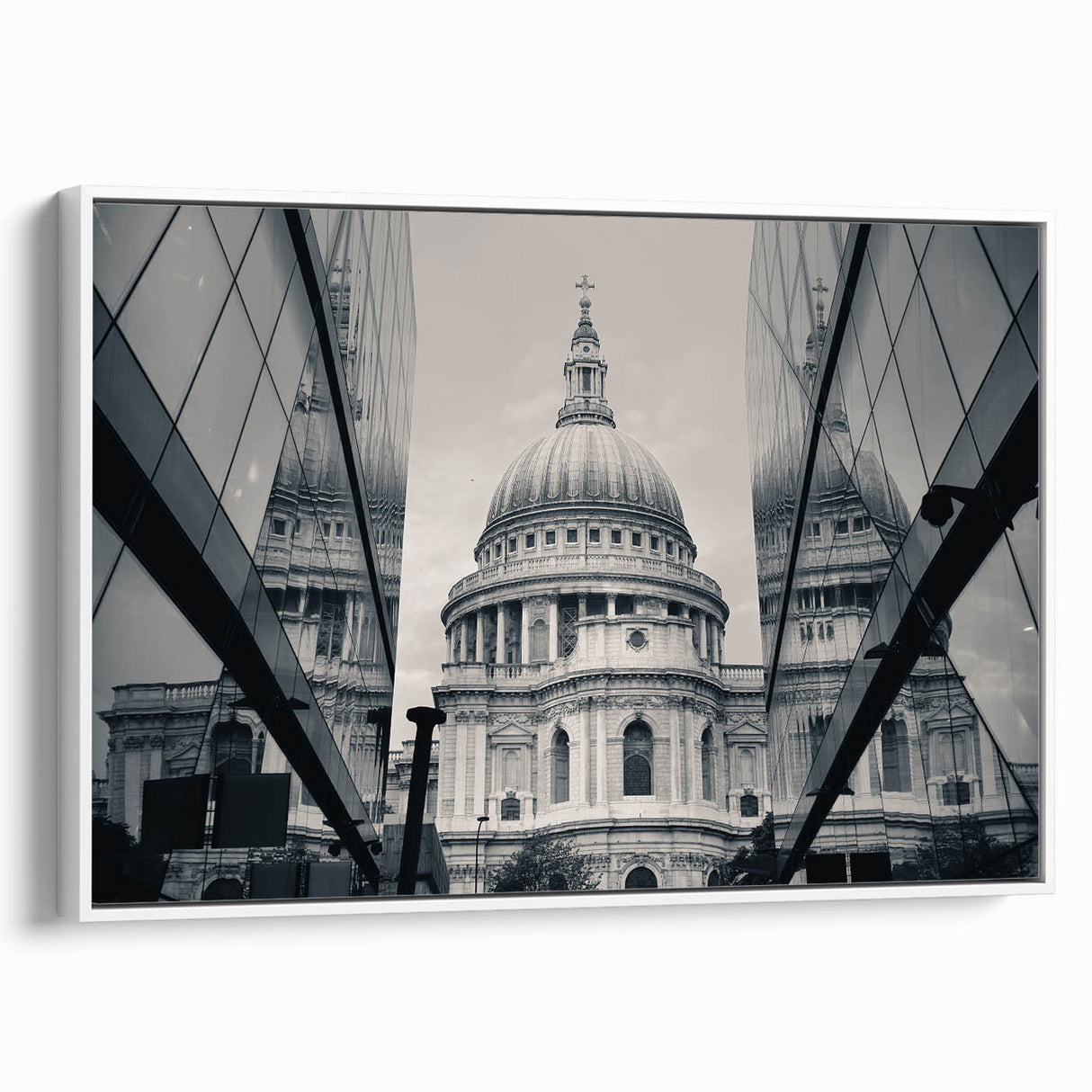 Framed canvas of a vintage cathedral landscape in muted black and white tones, ideal for bedroom wall art.