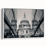Framed canvas of a vintage cathedral landscape in muted black and white tones, ideal for bedroom wall art.