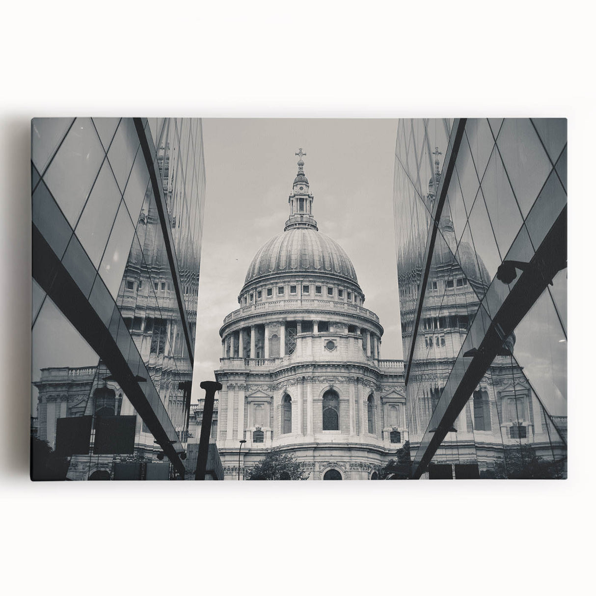 Large black and white stretched canvas of a cathedral design, ideal for kitchen wall art.