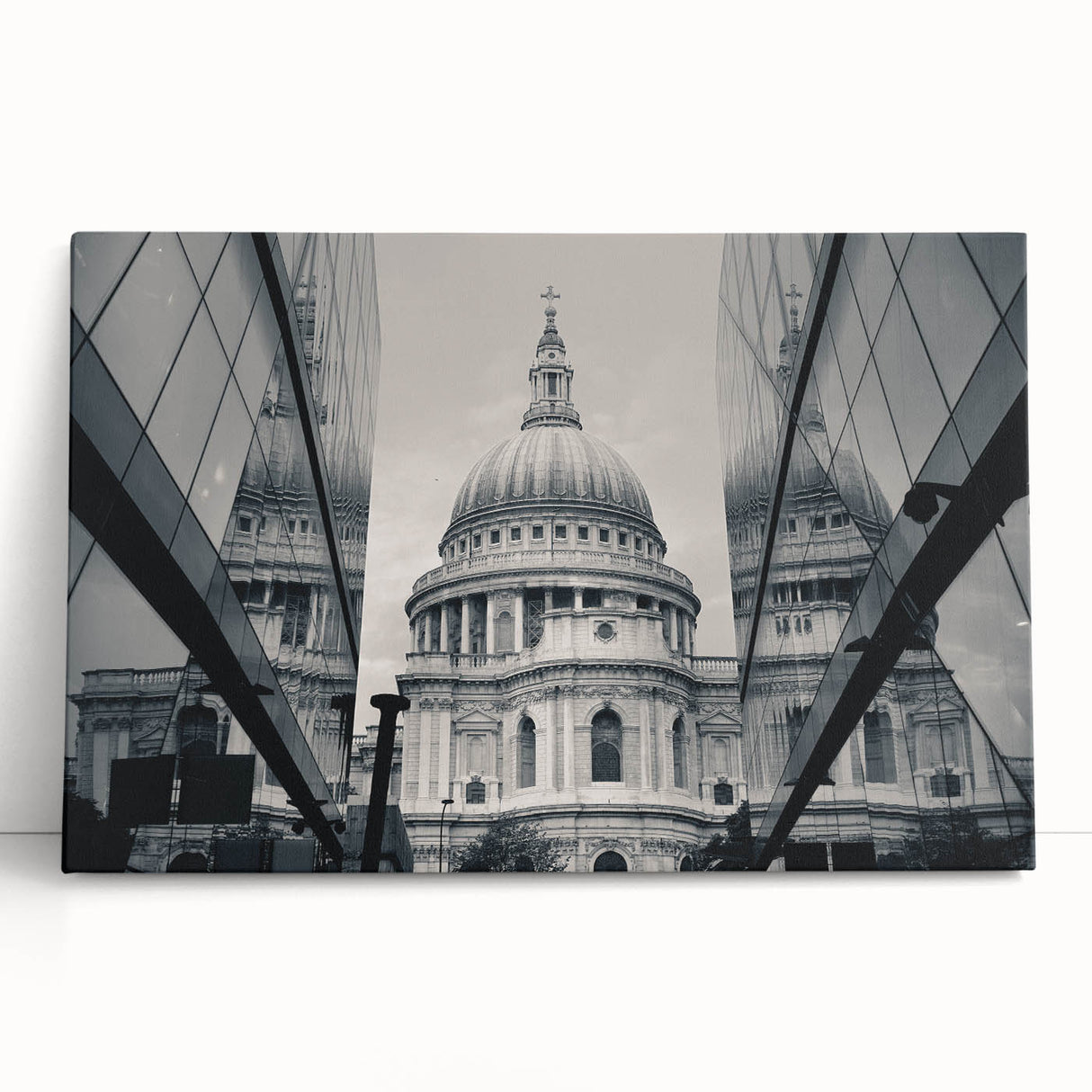 Black and white large art print of a cathedral design on stretched canvas, ideal for kitchen wall art or bedroom decor.