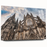Acrylic print of a large abstract depiction of a cathedral in muted gray and blue tones, ideal for dining room decor.