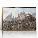 Mid-century modernist acrylic print of a cathedral in gold and black tones, ideal for nursery wall art.