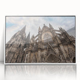 Mid-century modernist cathedral design in muted colors on a large acrylic print, suitable for modern art wall decor.