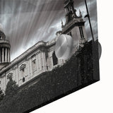 Large abstract wall art on acrylic glass featuring a mid-century modernist cathedral design in muted tones.