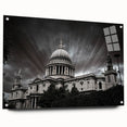 Acrylic print of a large abstract depiction of a cathedral, featuring muted earth tones, ideal for dining room decor.