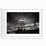 Extra large abstract art print of a cathedral, featuring textured design in muted gray tones, framed with a white mat.