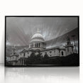 Large abstract wall art featuring a mid-century modernist cathedral design in black and white tones, framed in acrylic.