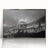 Art Deco style cathedral design on a silver-framed acrylic print, with cool gray and blue tones.