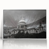 Mid-century modernist cathedral design on a large framed acrylic print, featuring muted gray and pastel blue tones.