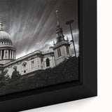 Extra large framed canvas featuring a black textured depiction of a cathedral, highlighted with colorful art accents.