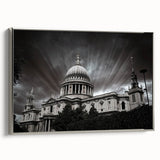 Vintage poster art of a cathedral, in black with colorful accents, framed canvas, ideal for living room decor.
