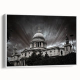 Framed canvas of a vintage-style cathedral landscape in black and white, ideal for bedroom wall art.